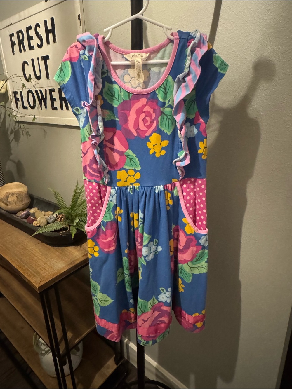Matilda Jane Blue Floral Ruffle Dress with Pink Polka Dot Pockets